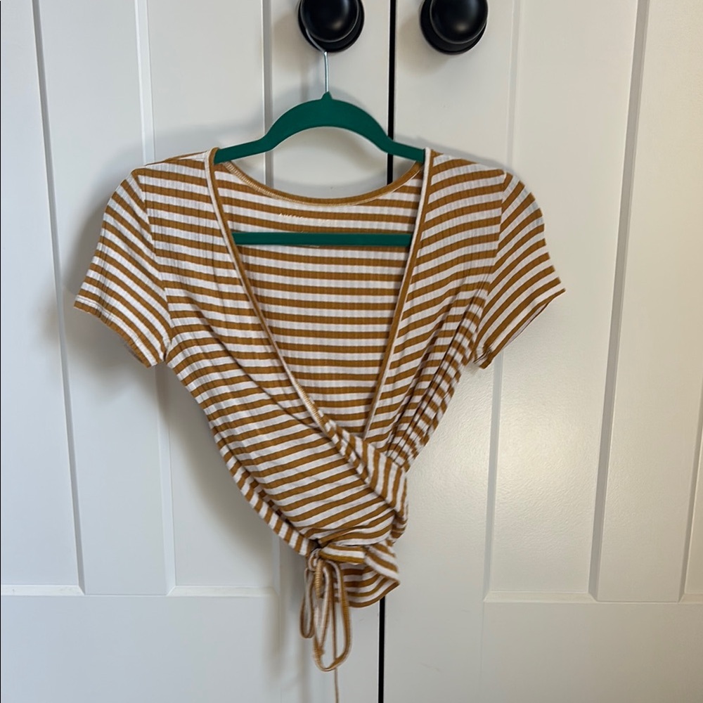American Eagle Outfitters Tan Wrap Ribbed Blouse
